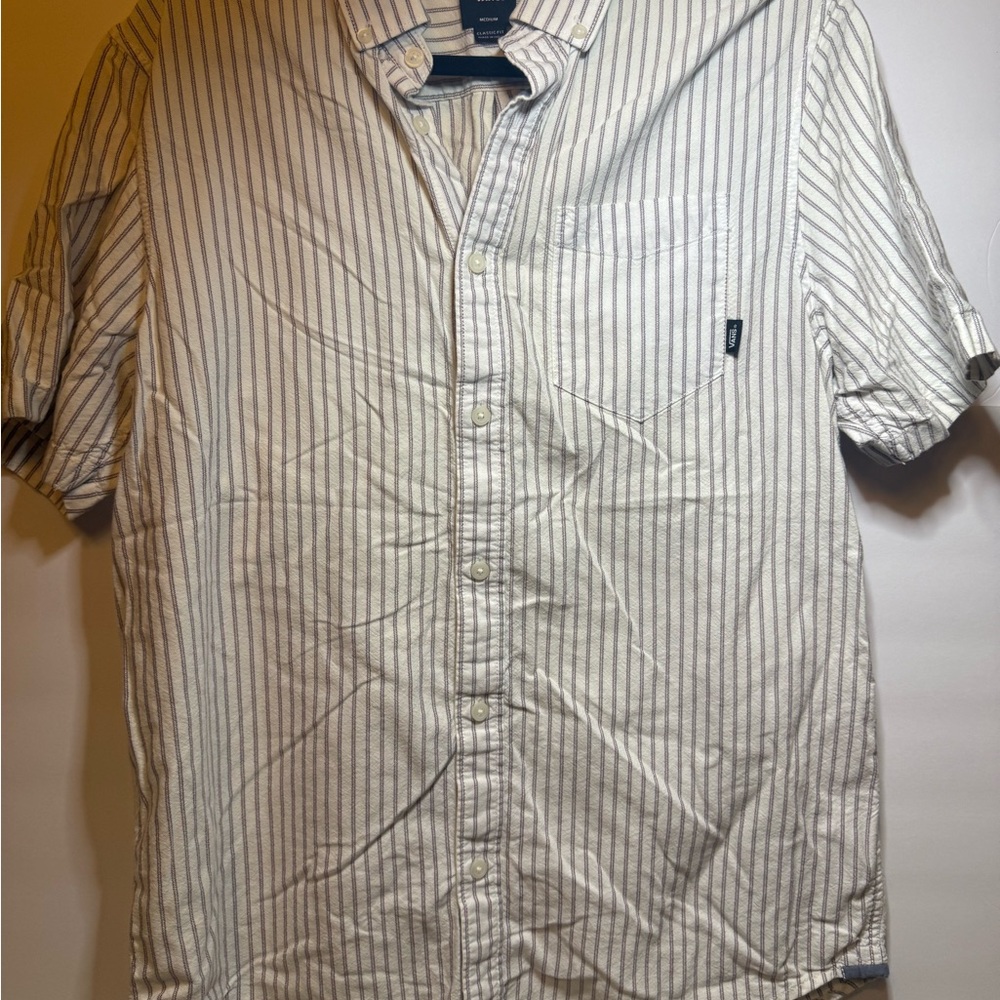 Vans Men's White Stripe Short-Sleeve Button-Up Shirt Medium